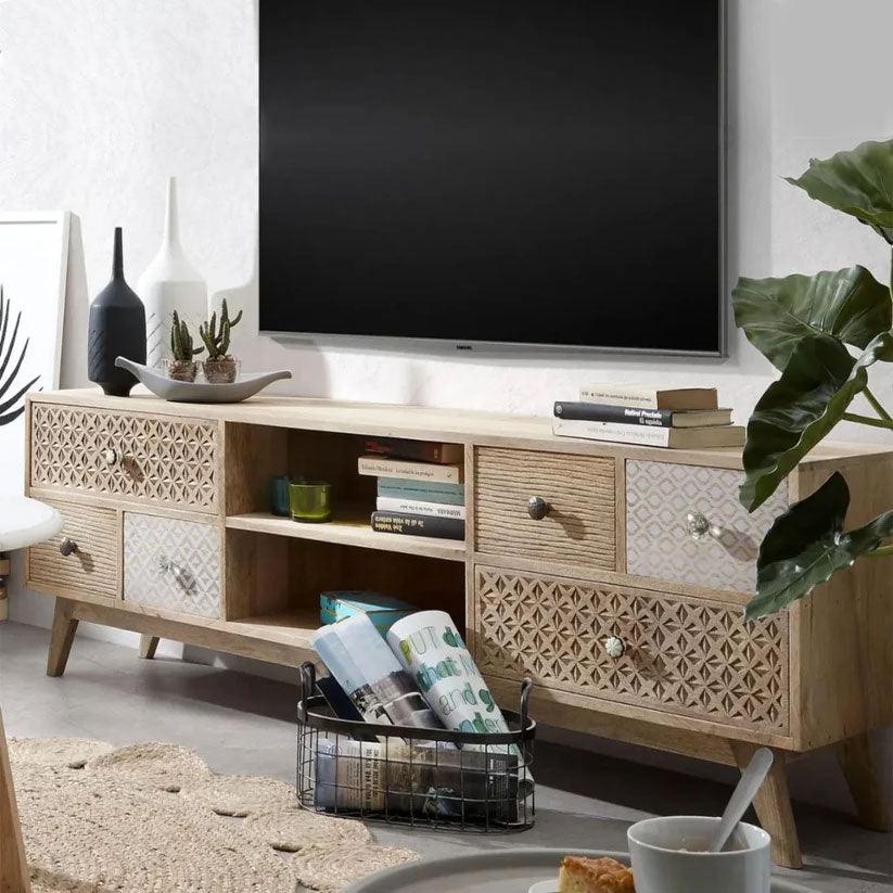 Jublee Carved Mango Wood TV Cabinet | Living Room TV Unit