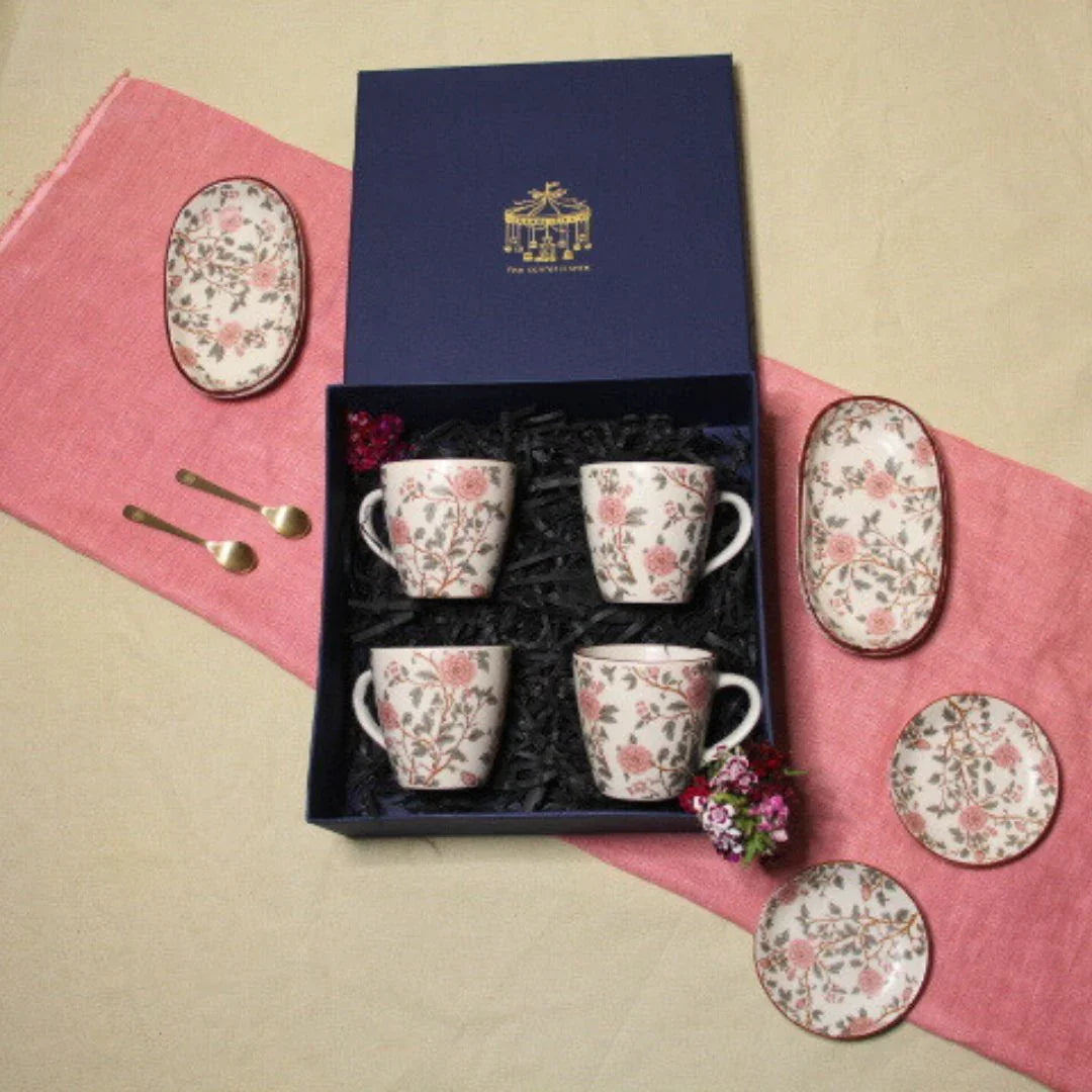 Floral Peony Mug Set | Stoneware Tea Cups with Gift Box Set of 4