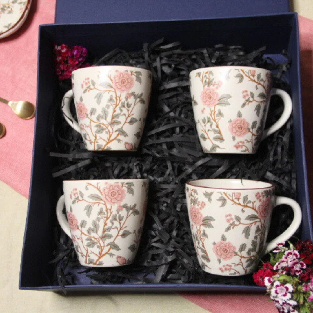 Floral Peony Mug Set | Stoneware Tea Cups with Gift Box Set of 4