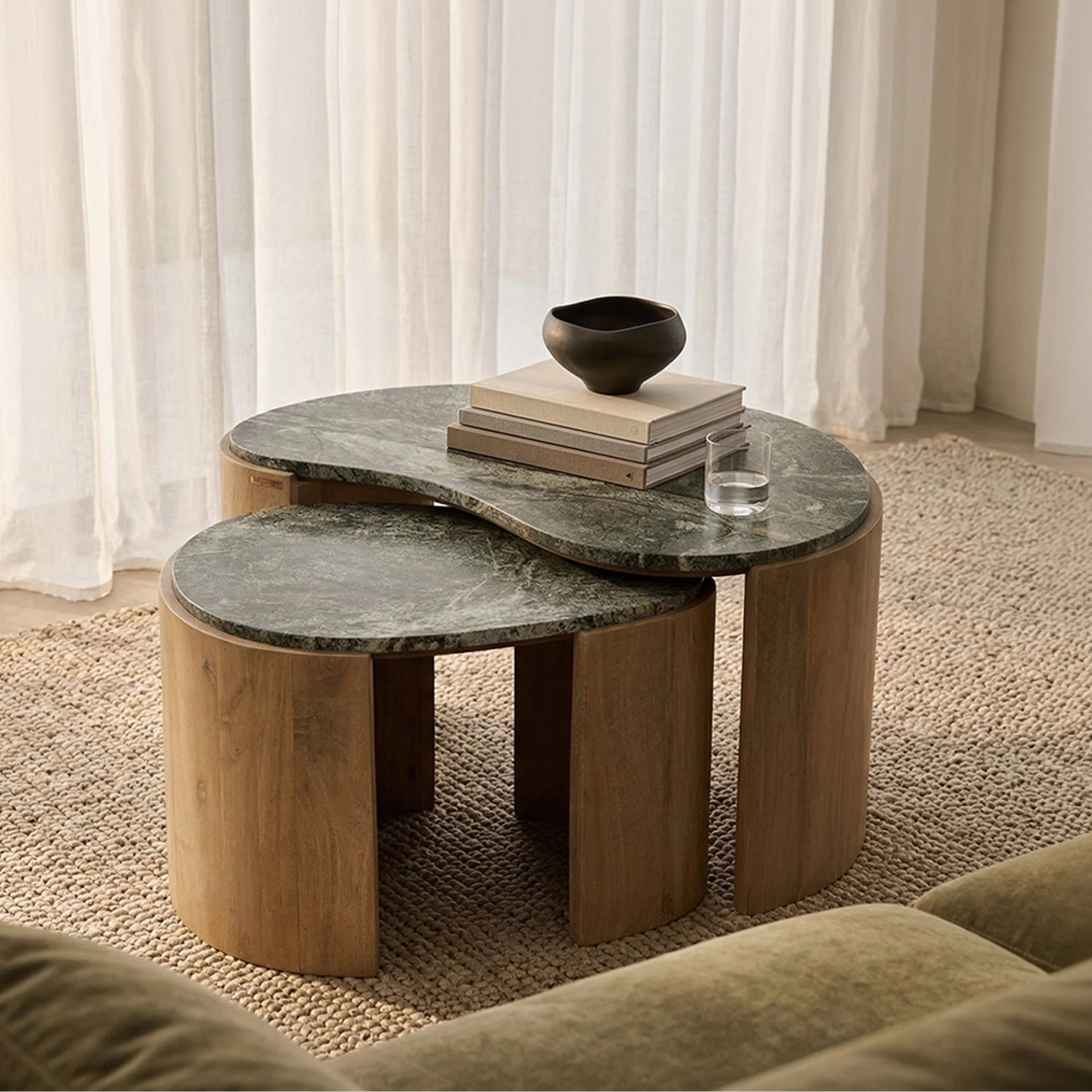 Bora-Bora Nesting Coffee Table | Forest Green Marble and Mango Wood