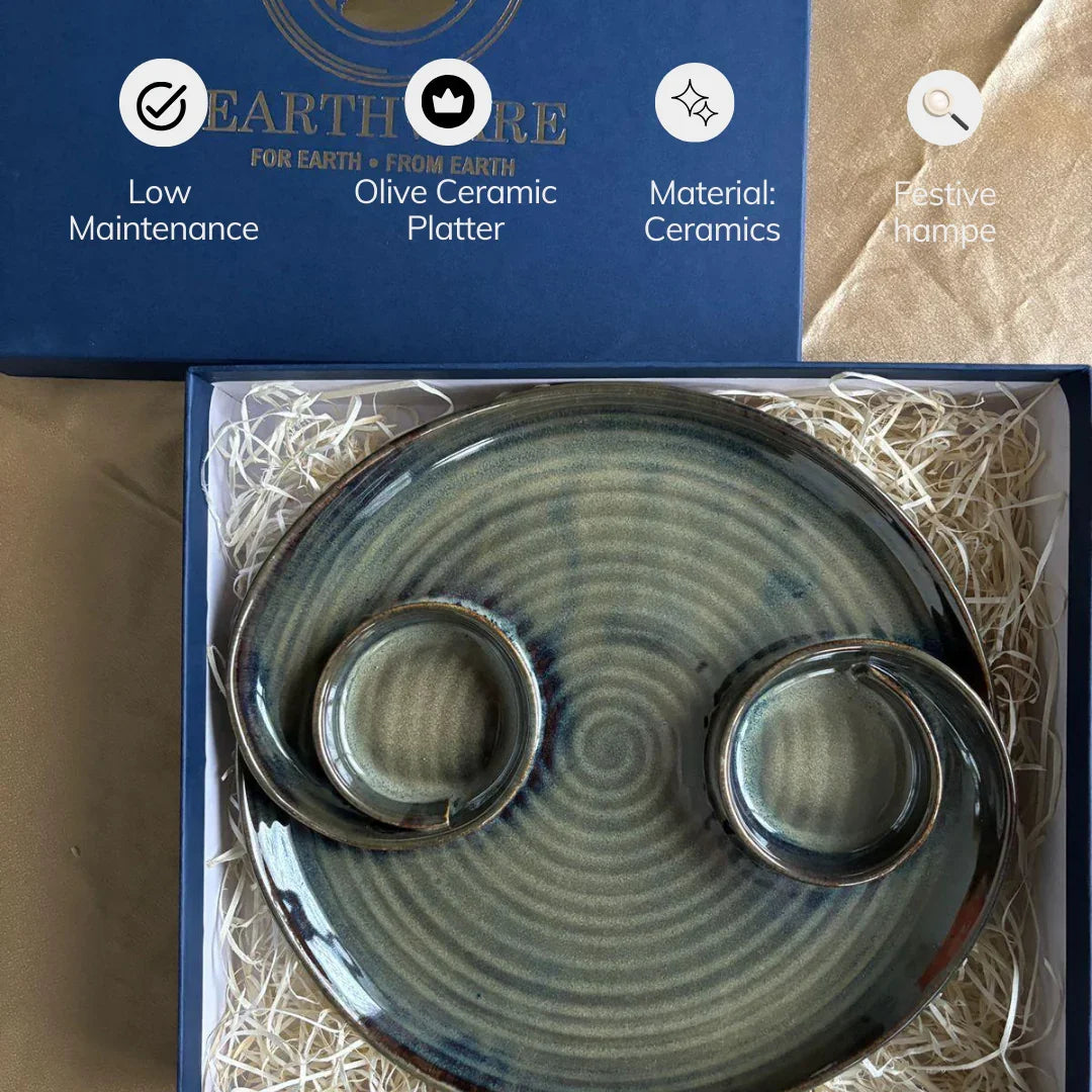 Olive Ceramic Platter | Snacks Serving Platter with Dip Section | Ceramic Serving Plate for Gifts & Hampers
