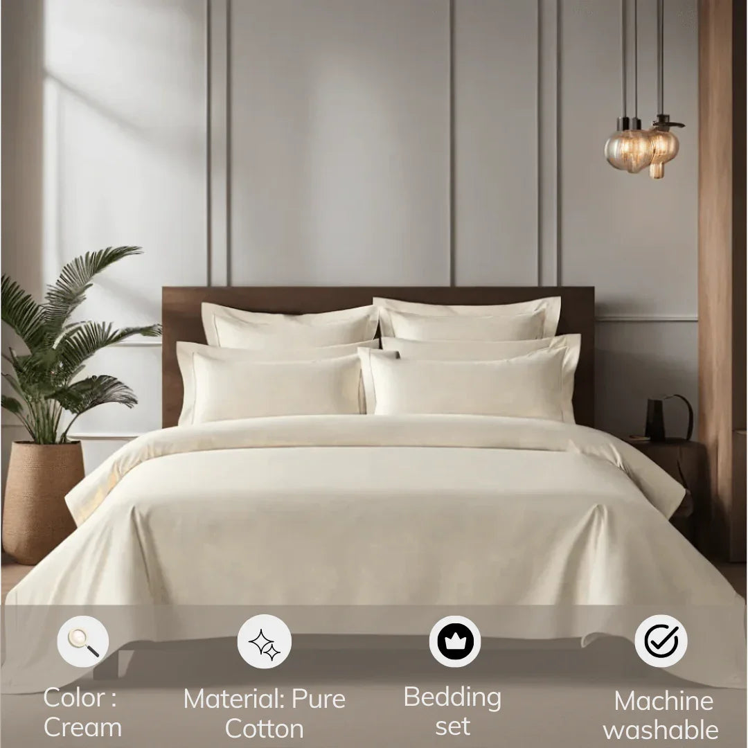 Cream Cotton Bed Sheet for Double Bed with 2 Pillow Covers | Luxury Cotton Bedding Set for King Size Bed