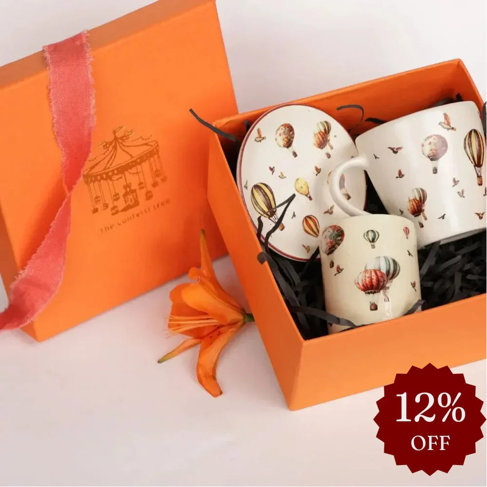 Hot Air Balloon Ceramic Mug & Plate Gift Set — Handcrafted Stoneware Cups in Luxury Gift Box