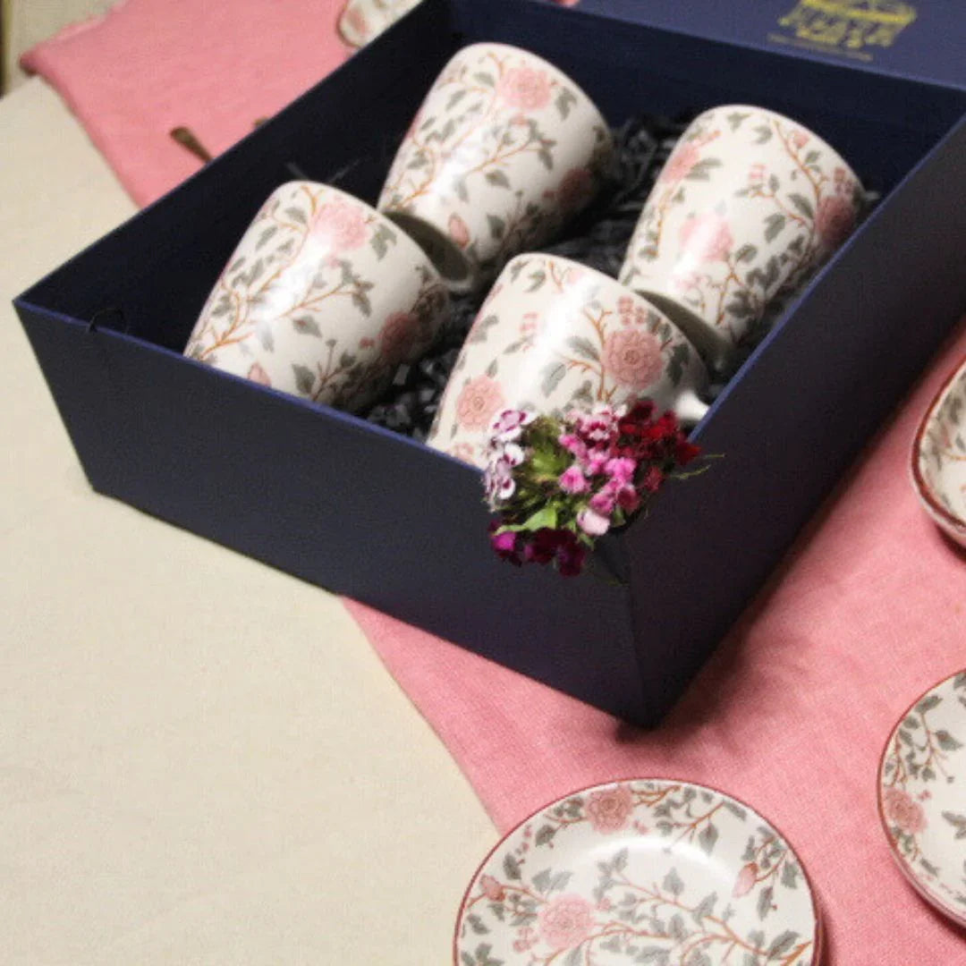 Floral Peony Mug Set | Stoneware Tea Cups with Gift Box Set of 4