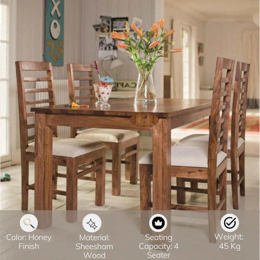 Sheesham Wood 4 Seater Dining Table Set In Honey Finish | Dining Table with 4 Chairs