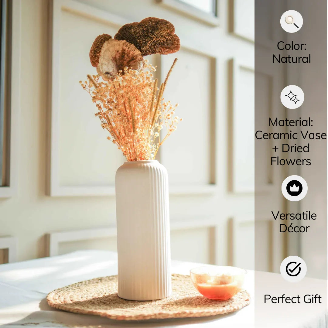 Golden Harvest Flower Vase with Dried Flower Bunch | Ceramic Vase for Home Decor