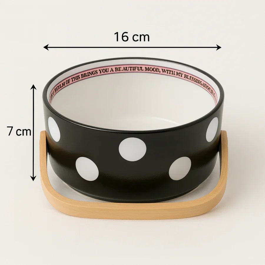 Polka Dot Ceramic Basket with Wooden Handle – Multipurpose Bowl for Snacks, Fruits & Décor