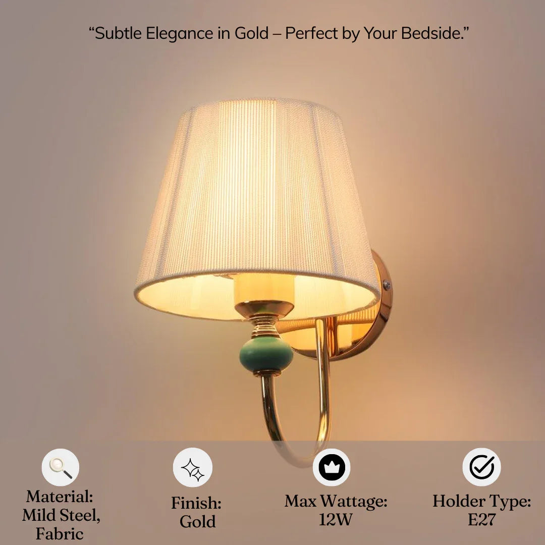 Modern Gold Wall Light with Off-White Fabric Shade | E27 Holder Wall Lamp for Bedroom & Living Room
