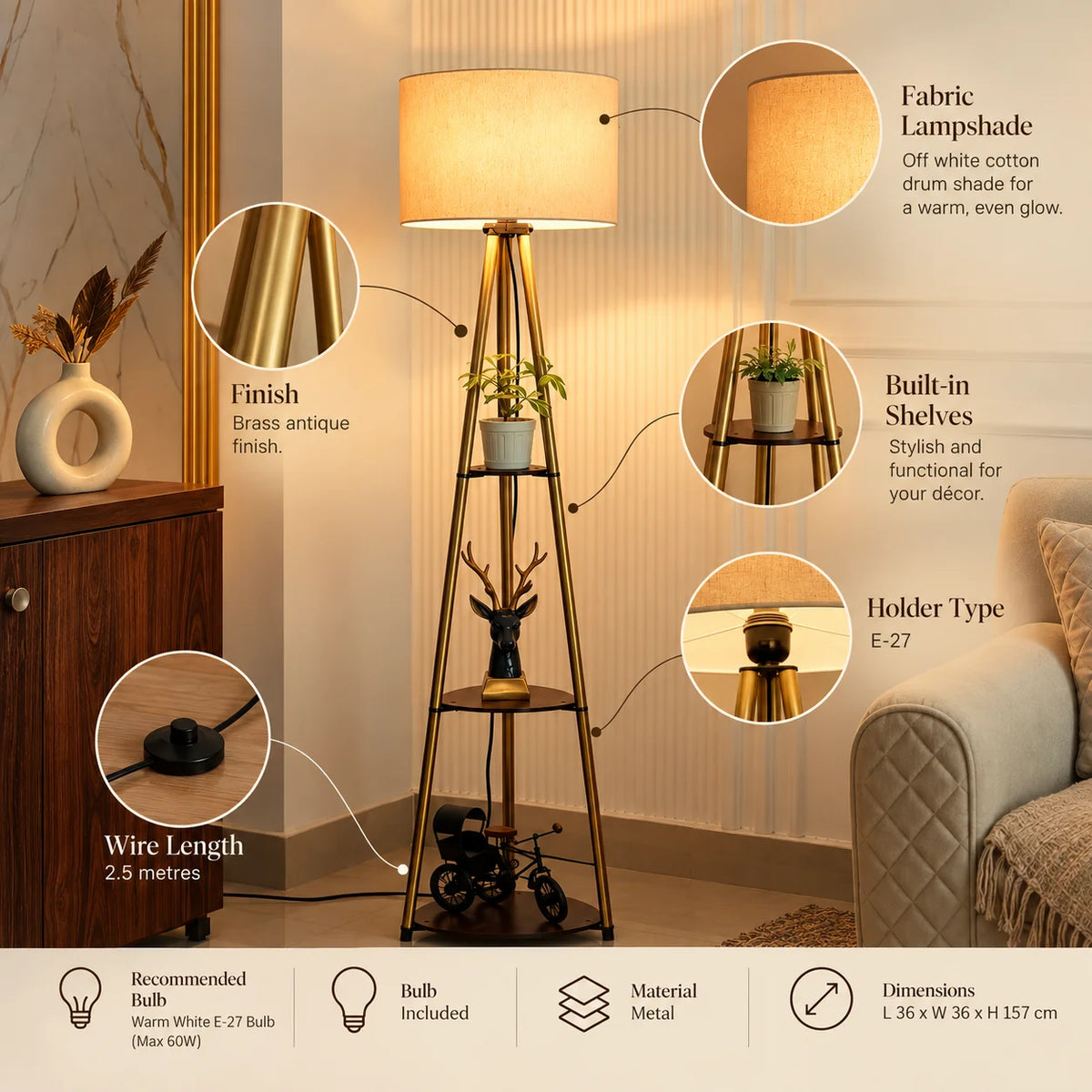 Brass Antique Floor Lamp with 3 Storage Shelves | Modern Standing Lamp for Living Room & Bedroom (E27 Bulb Included)