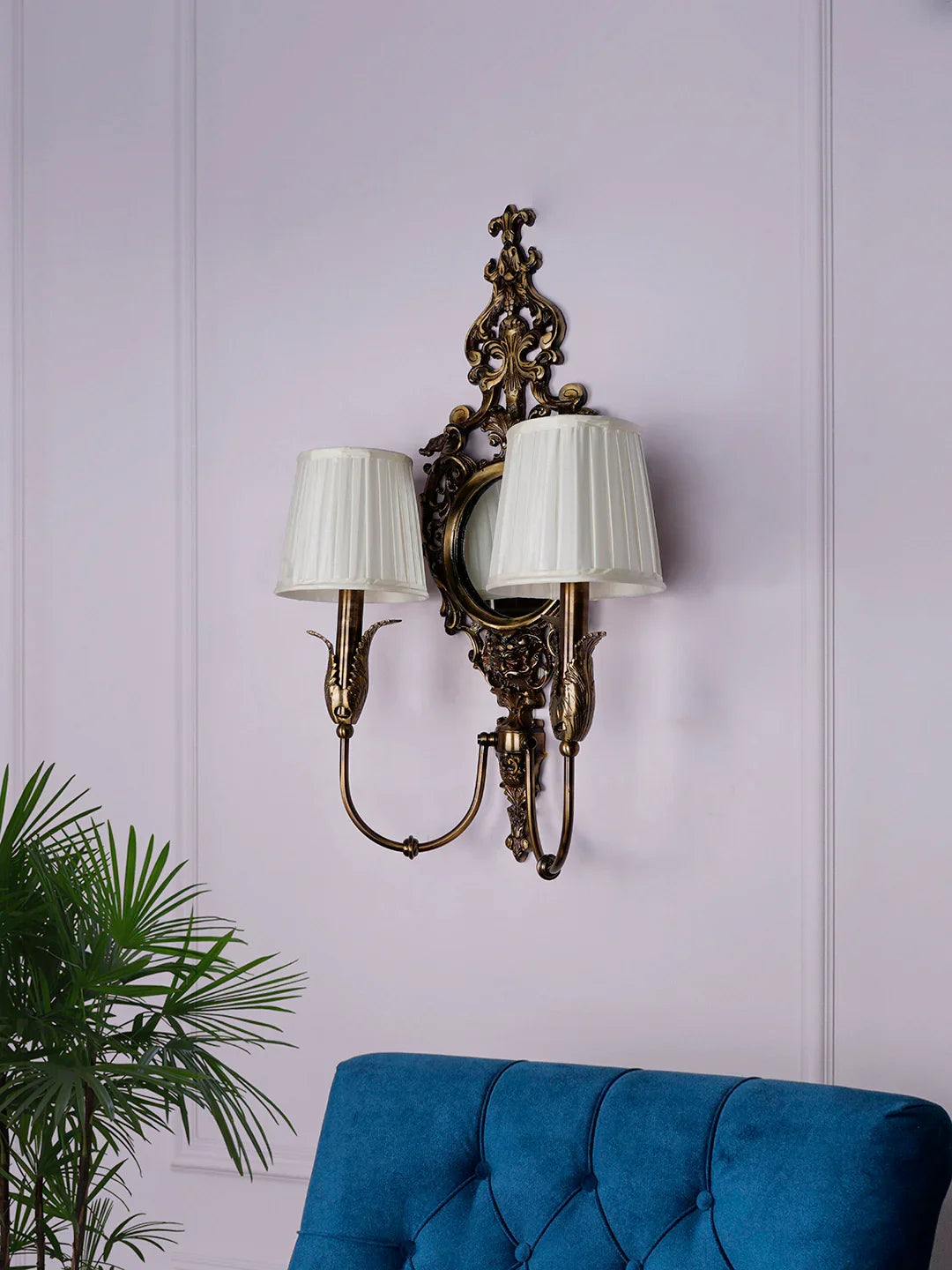 Vintage Elegance Meets Luxury - Antique Brass Wall Lamp with Mirror and Pleated Chiffon Shades