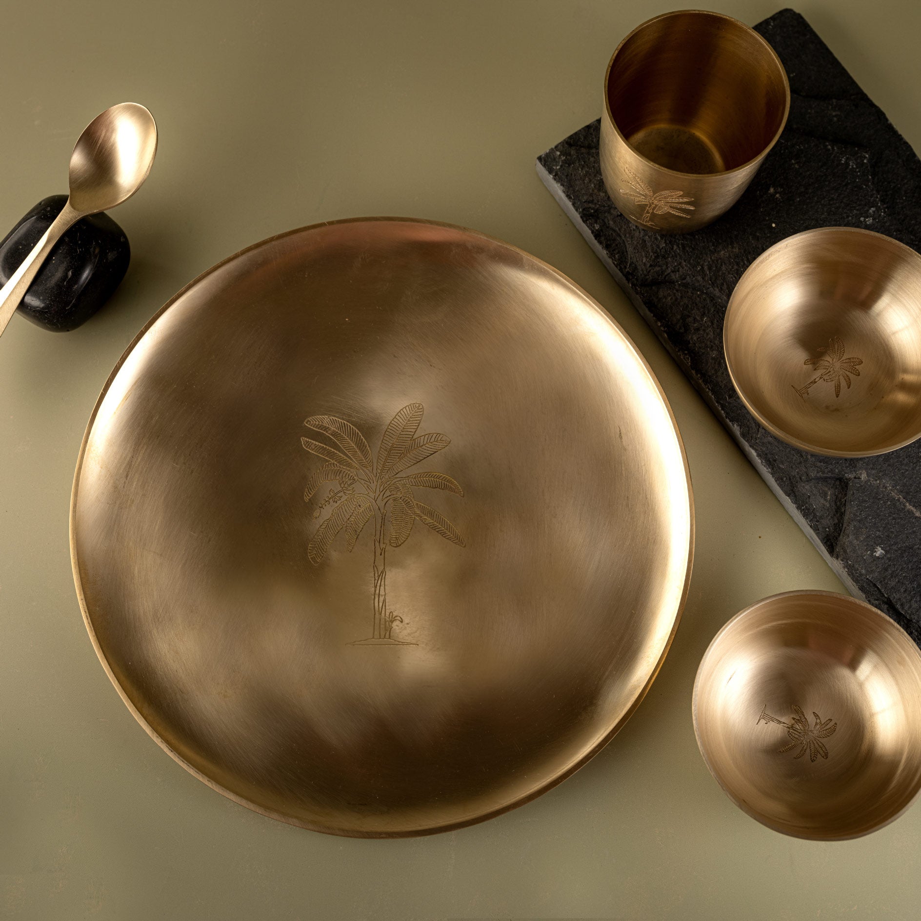 Gul | Set of 5 | Brass Dinner Set With Plam Tree Motif