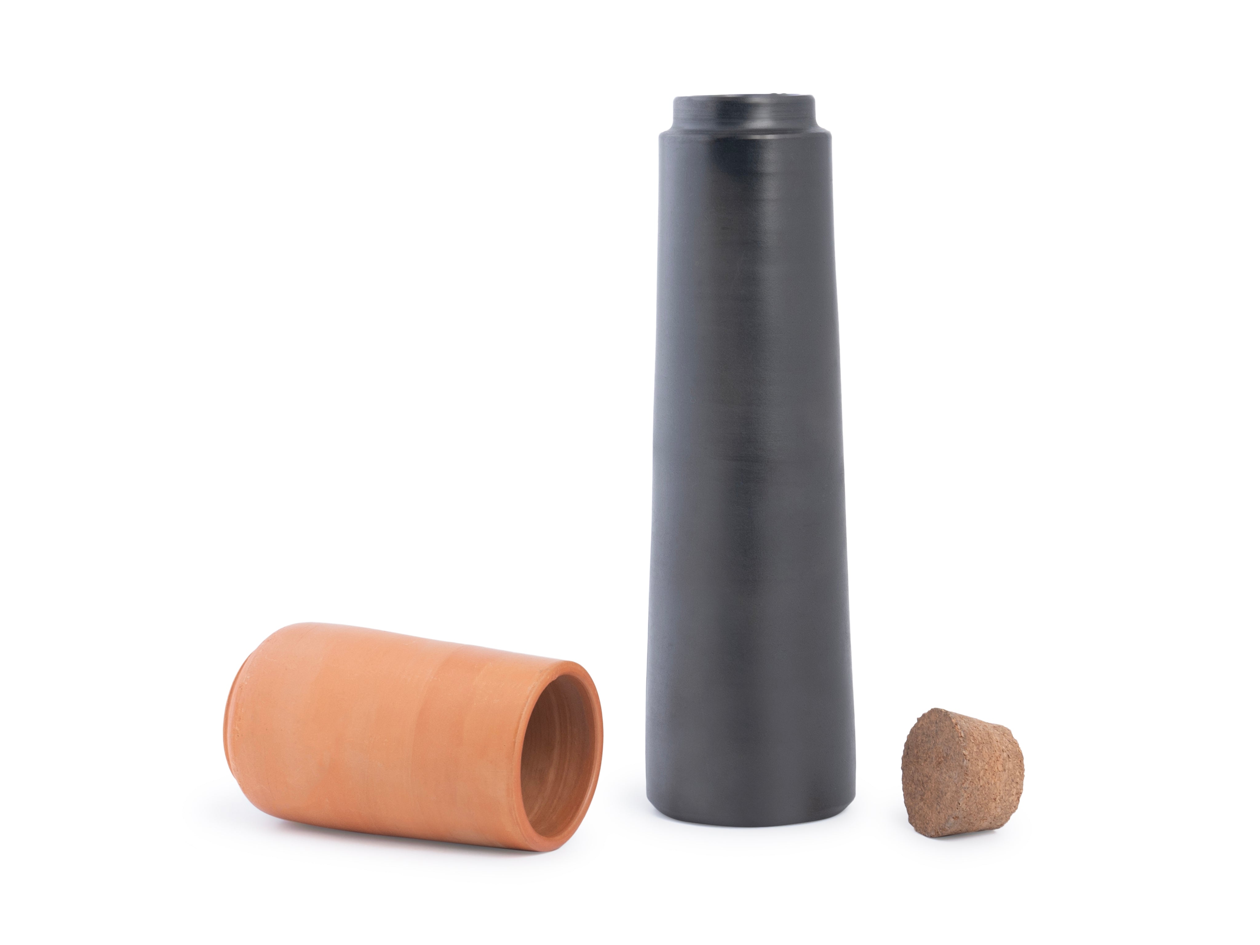 Terracotta Black Bottle With Cork Lid And Tumbler.