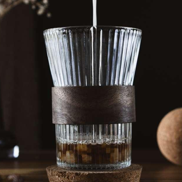 Orion Glass Set | Frosted Drinkware with Wooden/Leather Sleeve (230 ml, Set of 2)