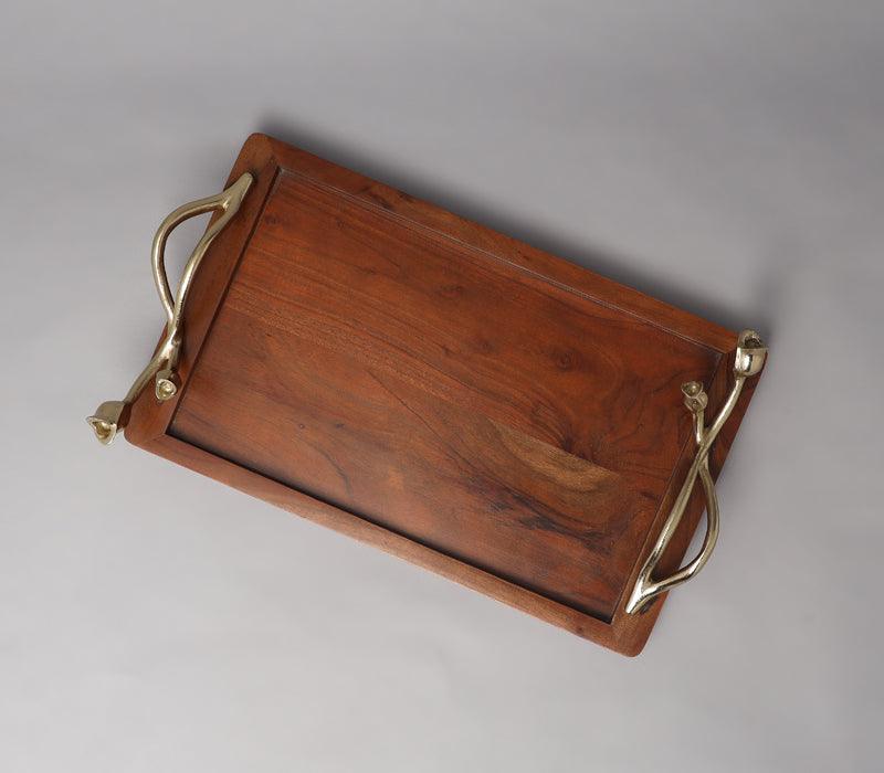 Tulip Tray | Gold Finished  with Walnut Finished Acacia Wood