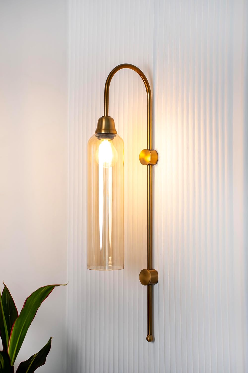 Modern Wall Lamp Antique Brass Finish with Golden Luster Long Glass for Bedside, Living Room, Bedroom, Home Decoration, Restaurant