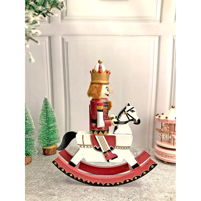 12 Inches Wooden Maroon Rocking Horse Nutcracker Self Standing Christmas Table Decor