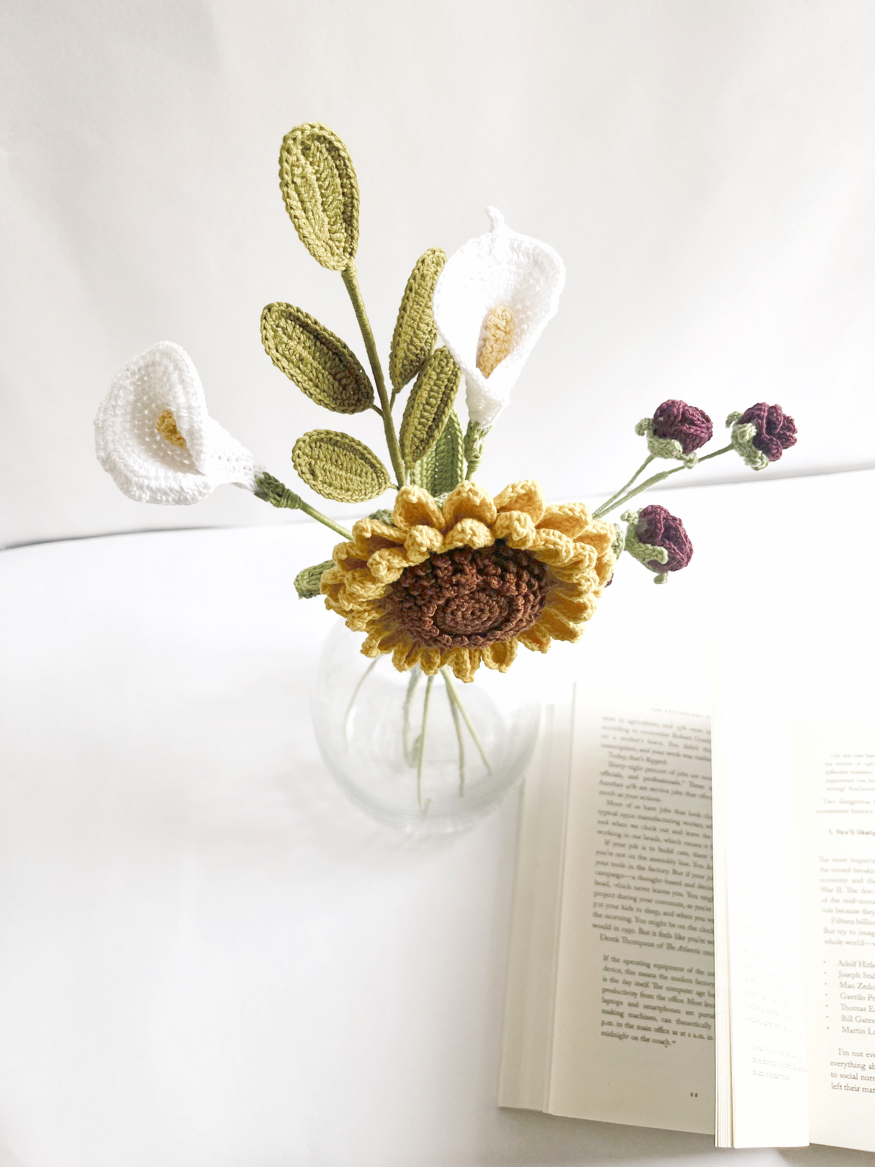 Crochet Sunflower Lily Bouquet - Multicolor / 12" height / 5 Stems