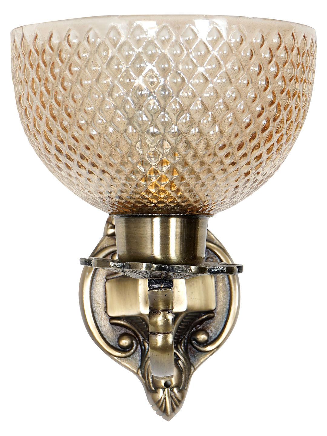 Traditional Meena Aluminium 1 Lamp Wall Light in Antique Brass Finish and Golden Cut Glass Textured Glass Shade for