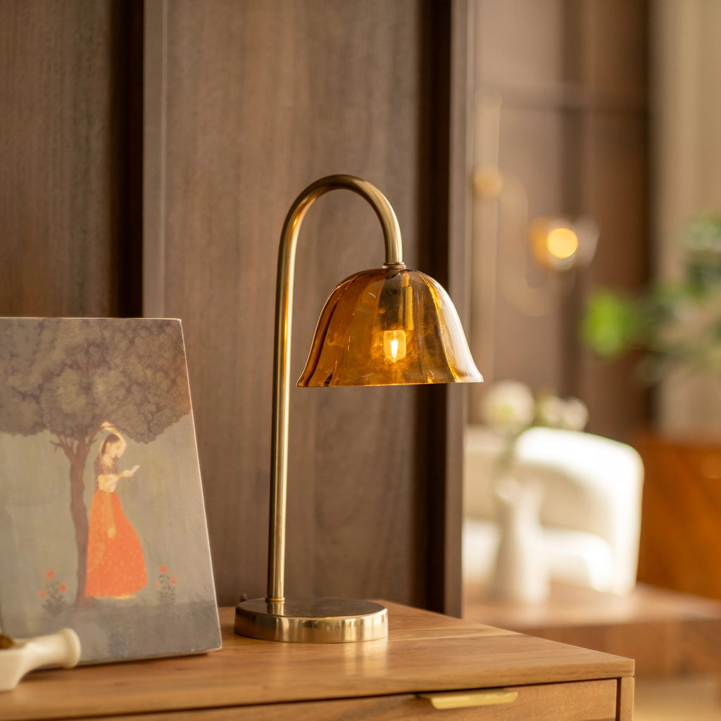 Lior Amber Glass Table Lamp | Antique Brass Bedside Lamp for Living Room & Bedroom