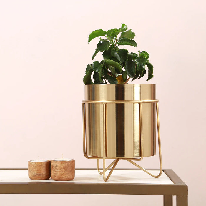 Waves Golden Metal Planter with Stand 8.3 inches tall