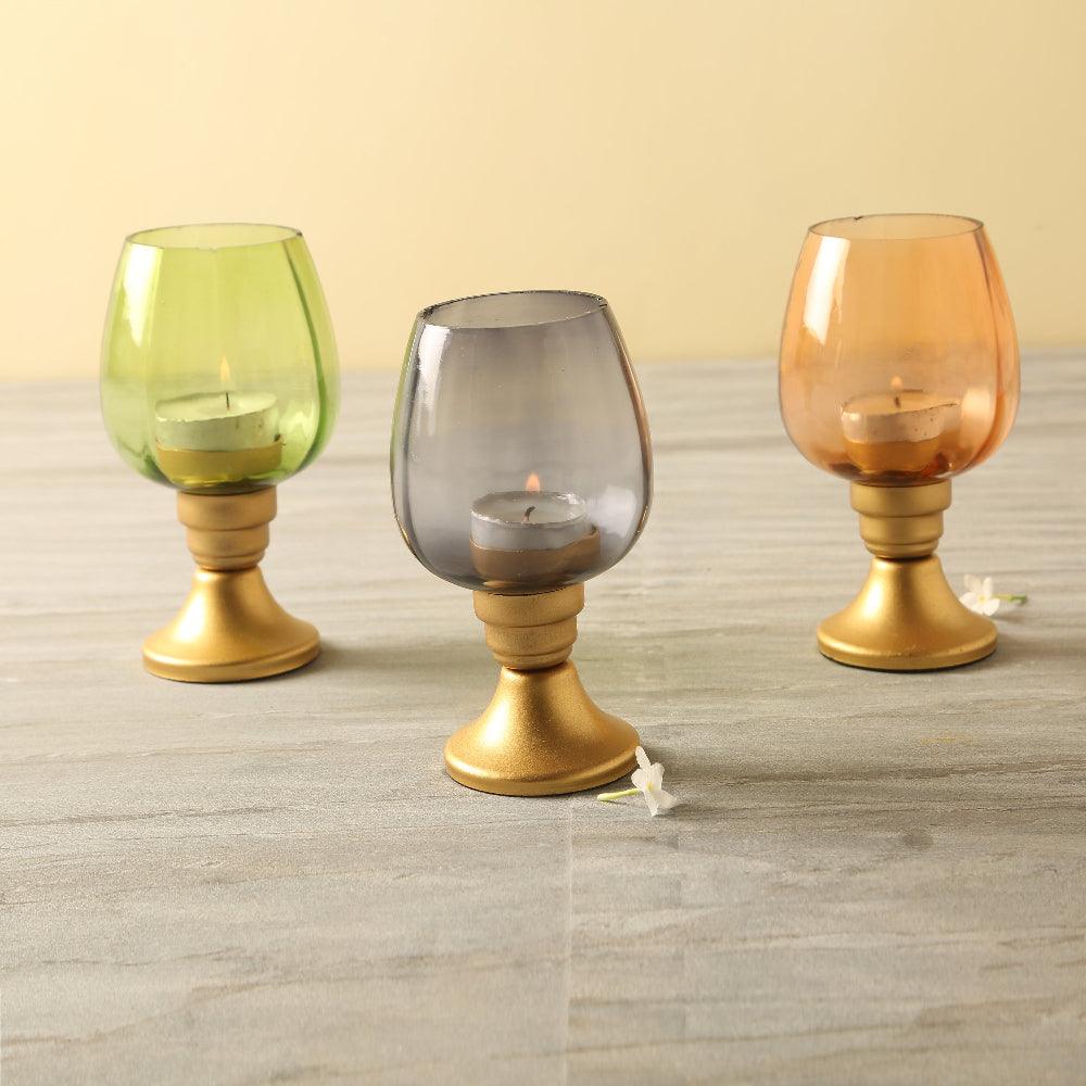 Coloured Glass And Metal Tealight Holders (Set Of 3)