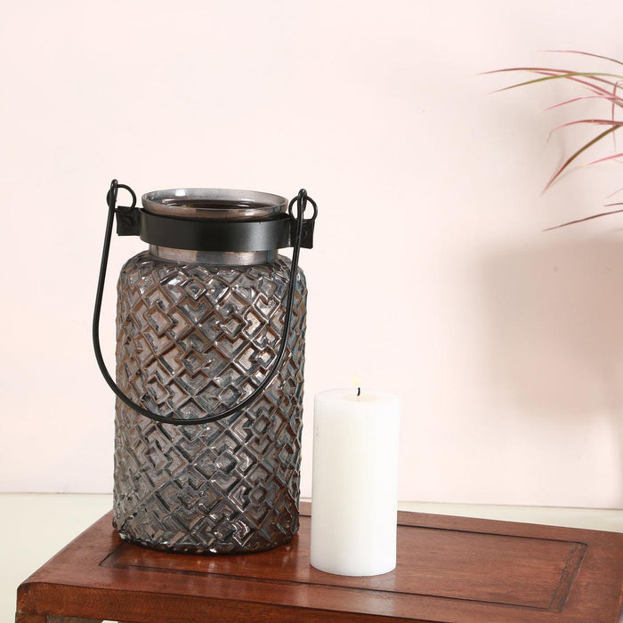 Roshni Patterned Glass Black Lustre Lantern Tall