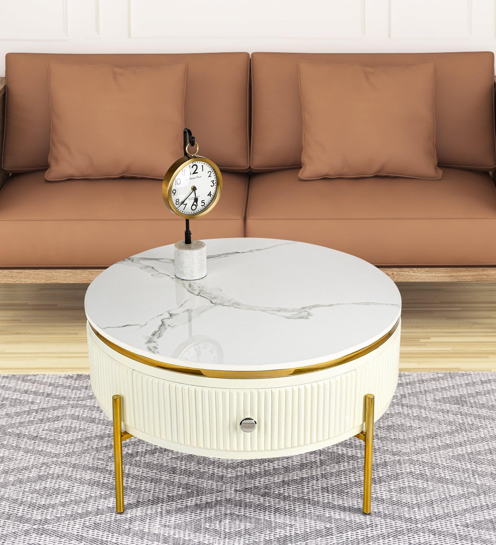 Wood & Steel Modern Round Coffee Table With Drawer for Storage | Center Table for Living Room|