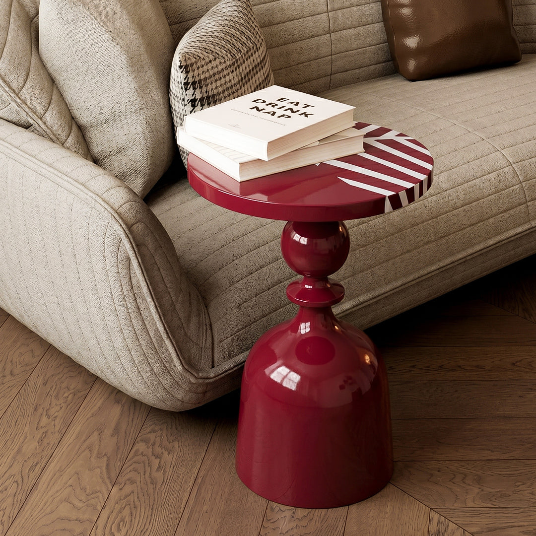 Ruby Red Iron Side Table | Glossy Metal Pedestal Accent Table for Living Room
