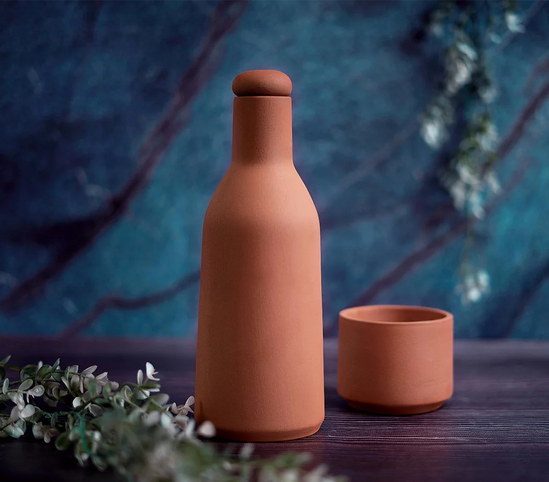 Earthen Clay Water Bottle & Glass Terracotta Mitti Bottle