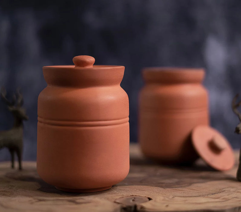 Buy Earthenware Clay Pot Self Cooling Set of 2 Terracotta Mitti Storage Jar  with Lid Online - Ikiru