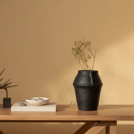 Black Paper Mache Vase | Handcrafted Decorative Flower Pot for Home & Office Decor