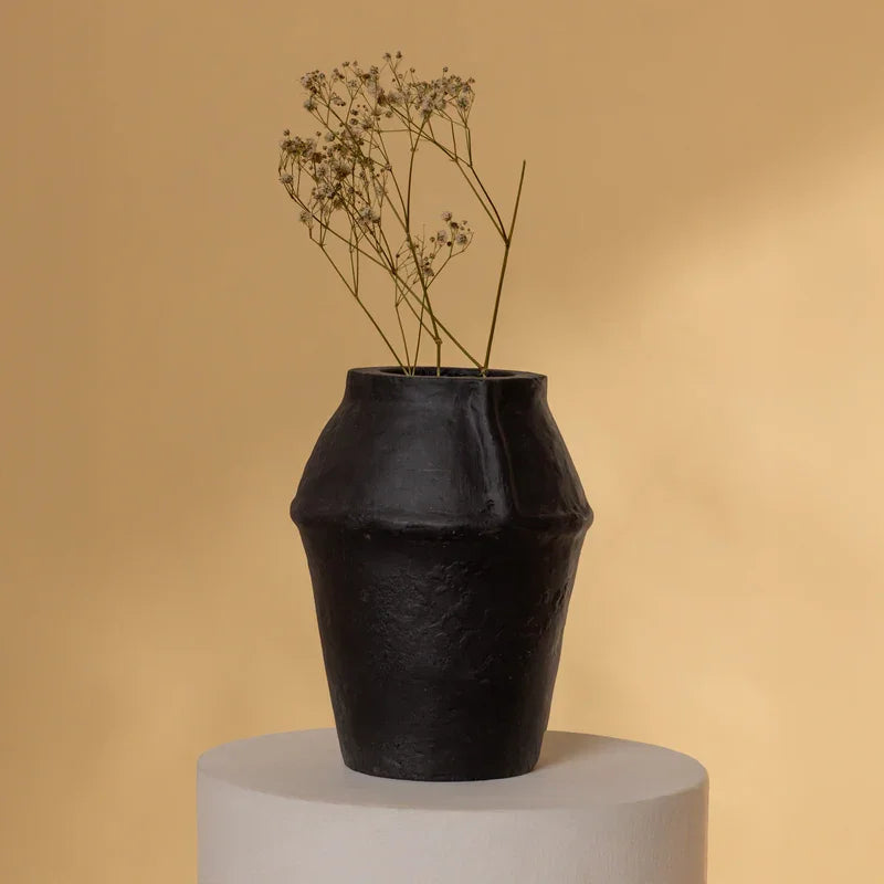 Black Paper Mache Vase | Handcrafted Decorative Flower Pot for Home & Office Decor