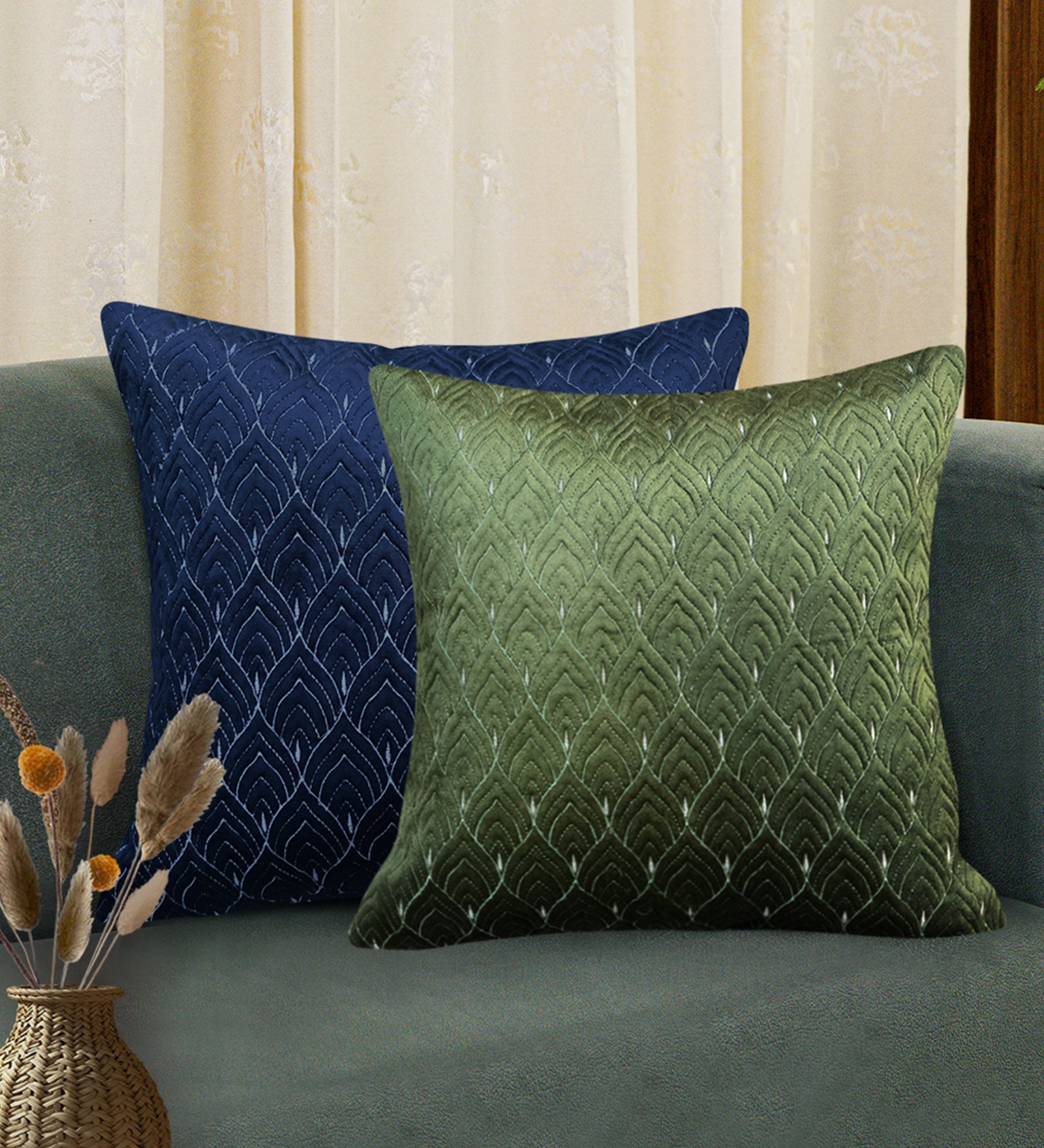 Mayur Jaal Embroidered Quilted Cushion Covers - Beige, 18 x 18
