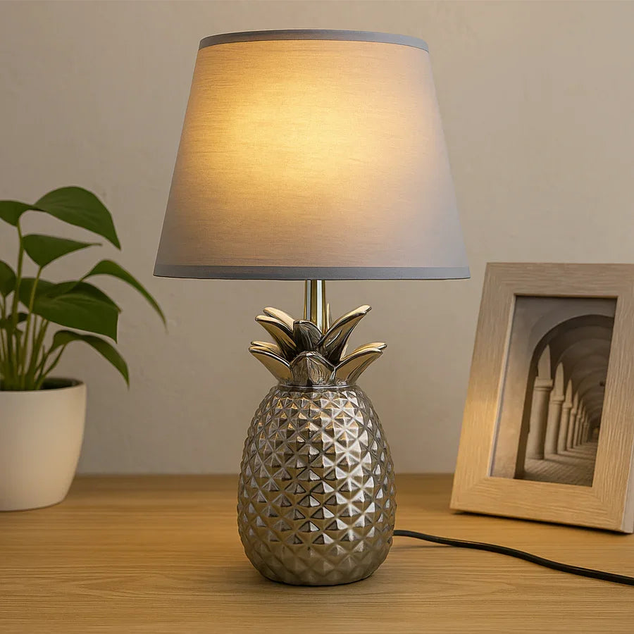 Silver Pineapple Table Lamp with Fabric Shade | Decorative Bedside Lamp