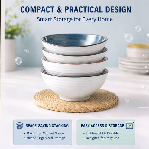 250ml Ceramic Bowl Set of 4 with 8 Chopsticks | 11.3 cm Snack & Rice Bowls | Microwave & Dishwasher Safe | BPA & Lead-Free | Ideal for Dal, Fruits, Salad & Serving