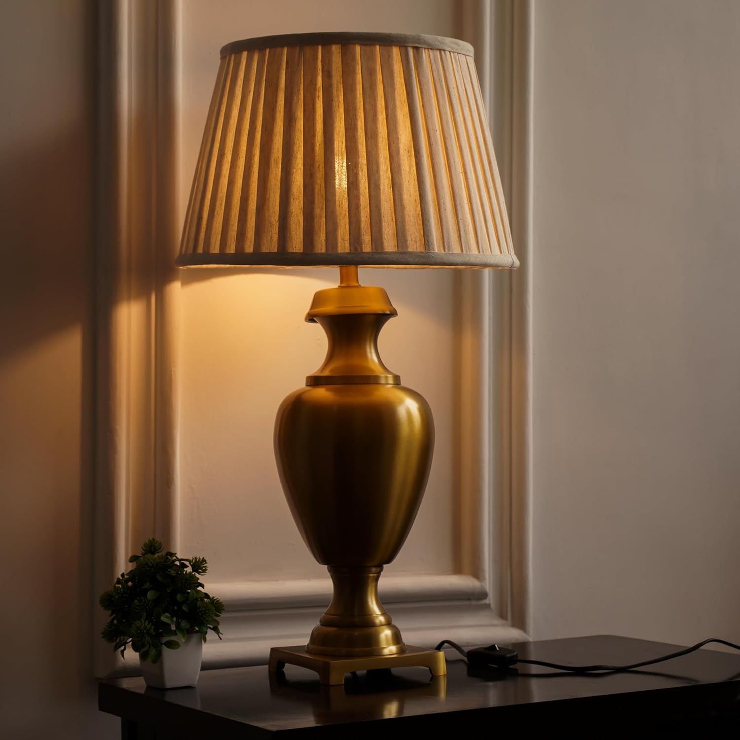 Royal Brass Antique Gold Finish Trophy Table Lamp 27 Inches Height With Off White Pleated 14 Inches Diameter Lampshade