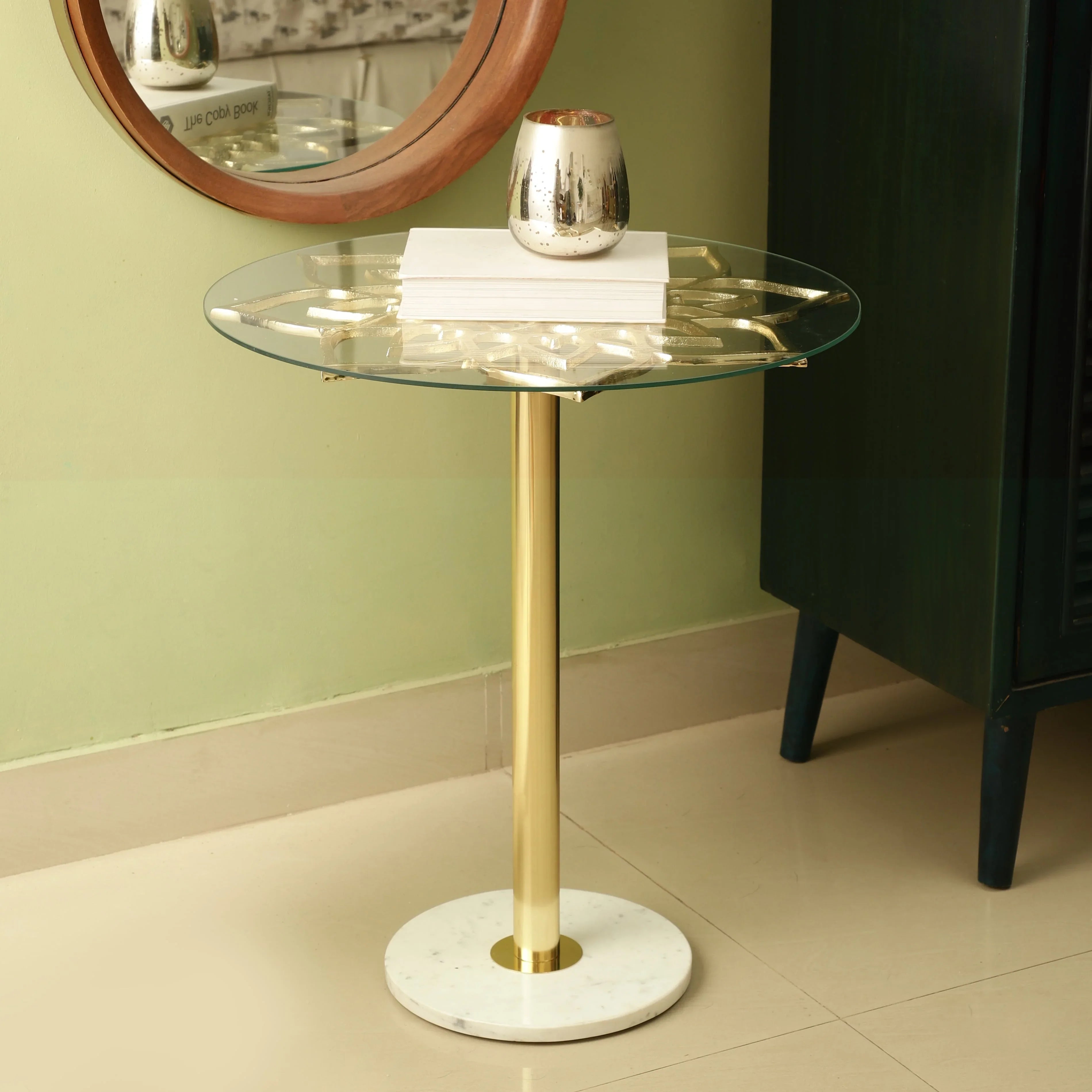 Eden Gold End Table | Luxury Glass & Metal Flower-Shaped Side Table for Living Room with Marble Base