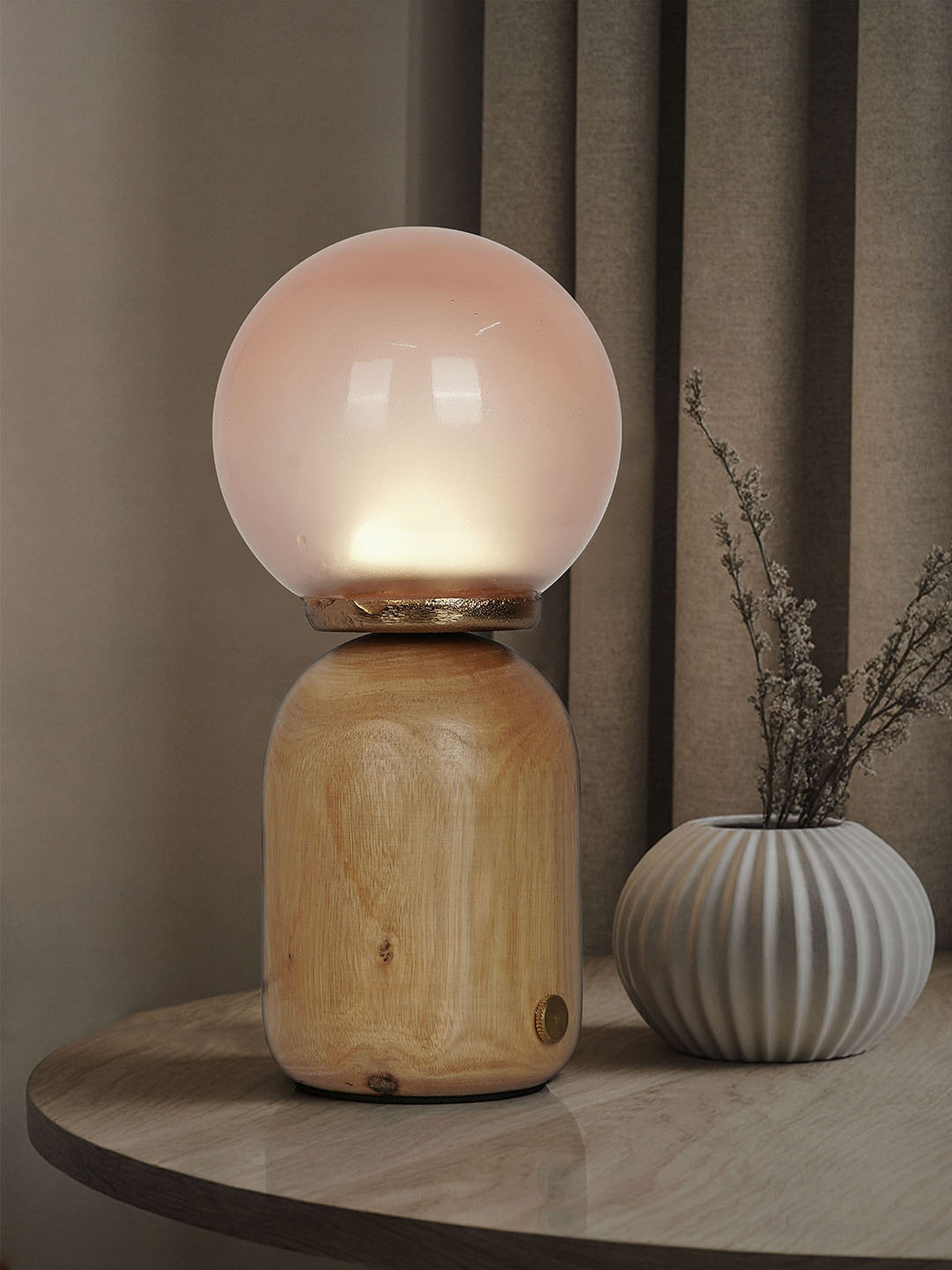 Contemporary Wood & Pink Glass Rechargeable Touch Table Lamp
