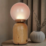 Contemporary Wood & Pink Glass Rechargeable Touch Table Lamp