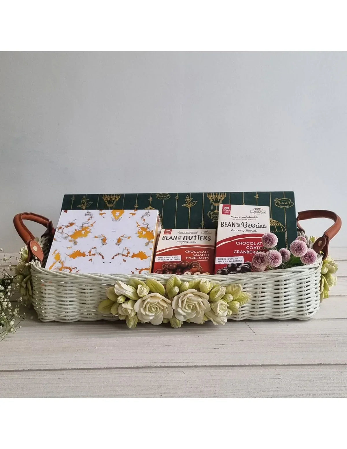 White Floret Leather Handle Basket