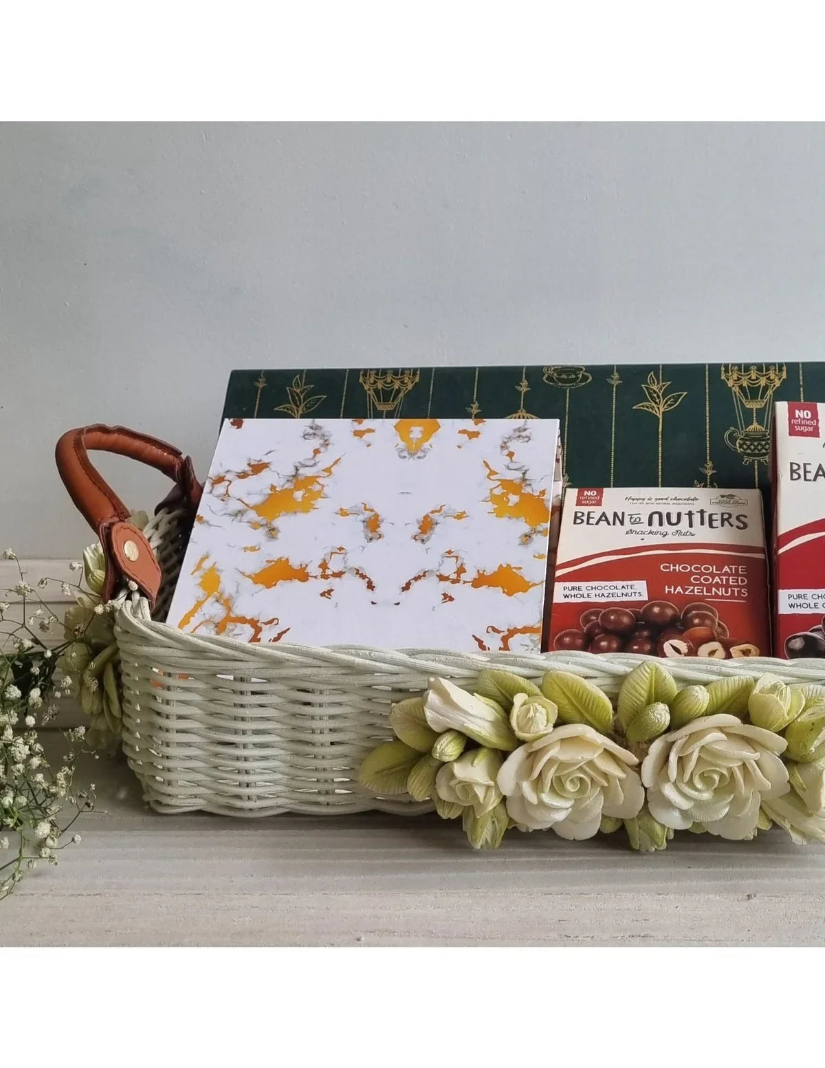 White Floret Leather Handle Basket