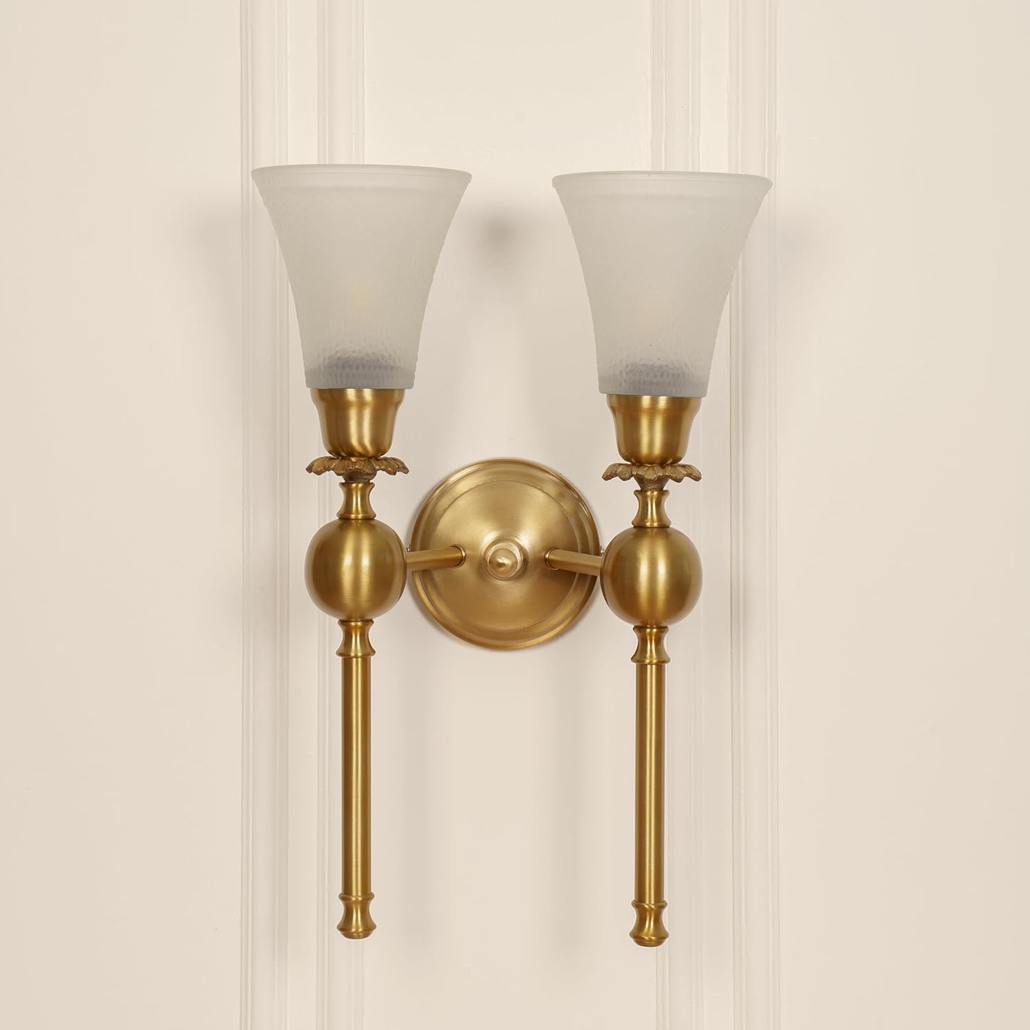 Double Ball Wall Lamp Antique Brass Finish with Frosted Hammered Glass Shade for Living Room, Bedroom and Home Decoration