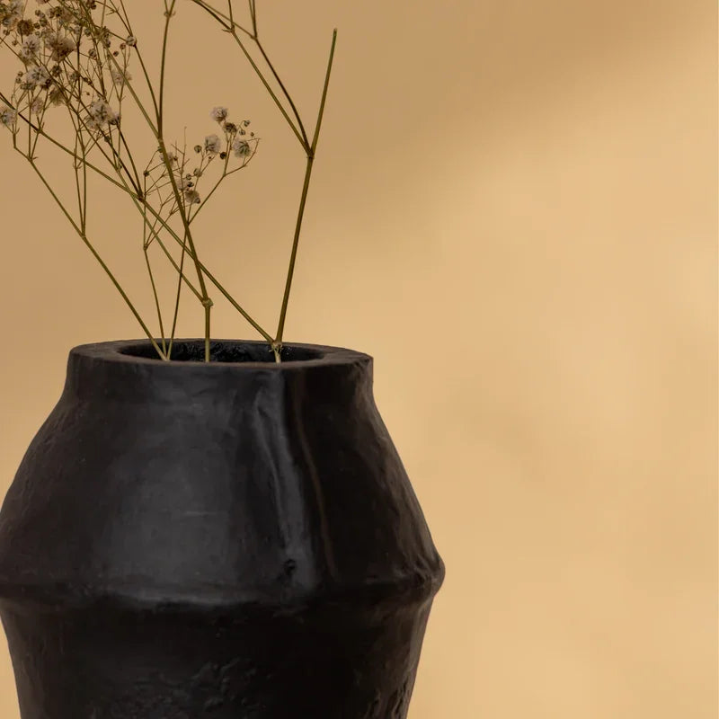 Black Paper Mache Vase | Handcrafted Decorative Flower Pot for Home & Office Decor