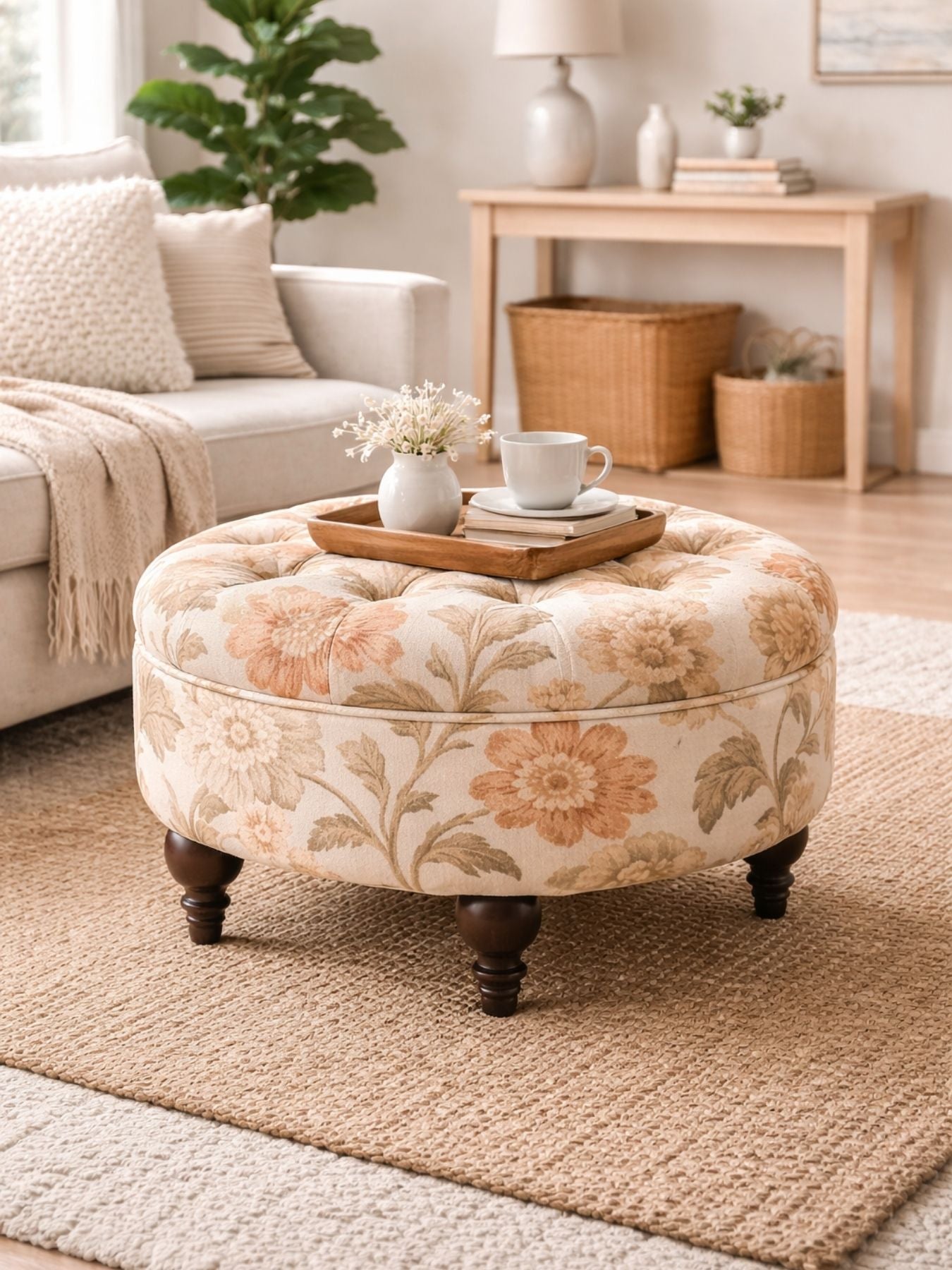Miyabi Floral Velvet Round Ottoman with Sagwan Wood