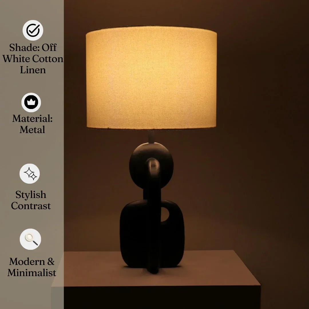 Off White Cotton Linen & Black Metal Novum Table Lamp Light For Home Decor