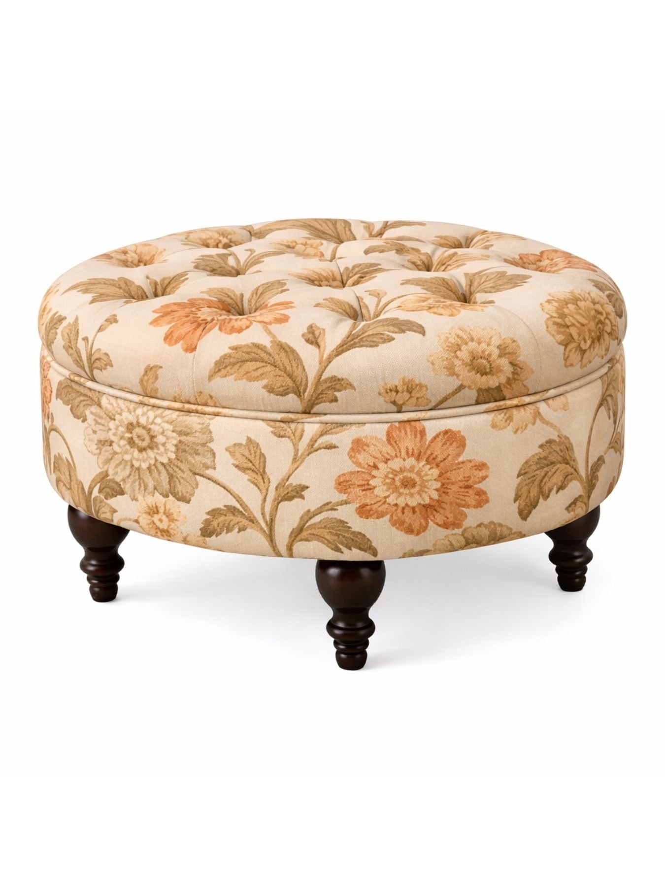 Miyabi Floral Velvet Round Ottoman with Sagwan Wood