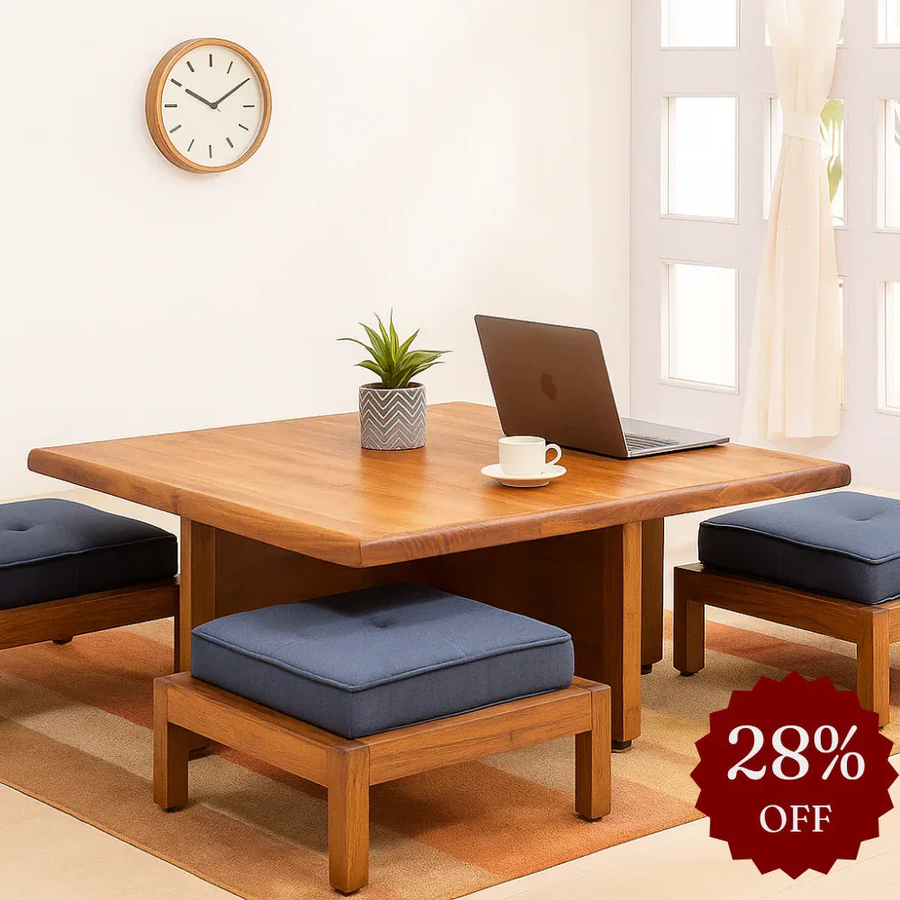 Pixel 4-Seater Coffee Table for Living Room | Mango Wood Center Table with 4 Seater Stool