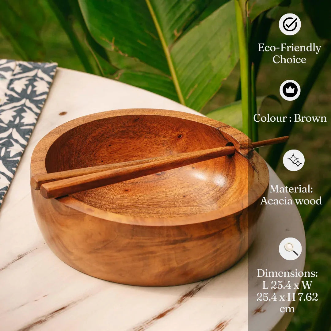 Tatva Wooden Ramen Bowl with 2 Pcs Chopsticks |Serving Bowl for Kitchen