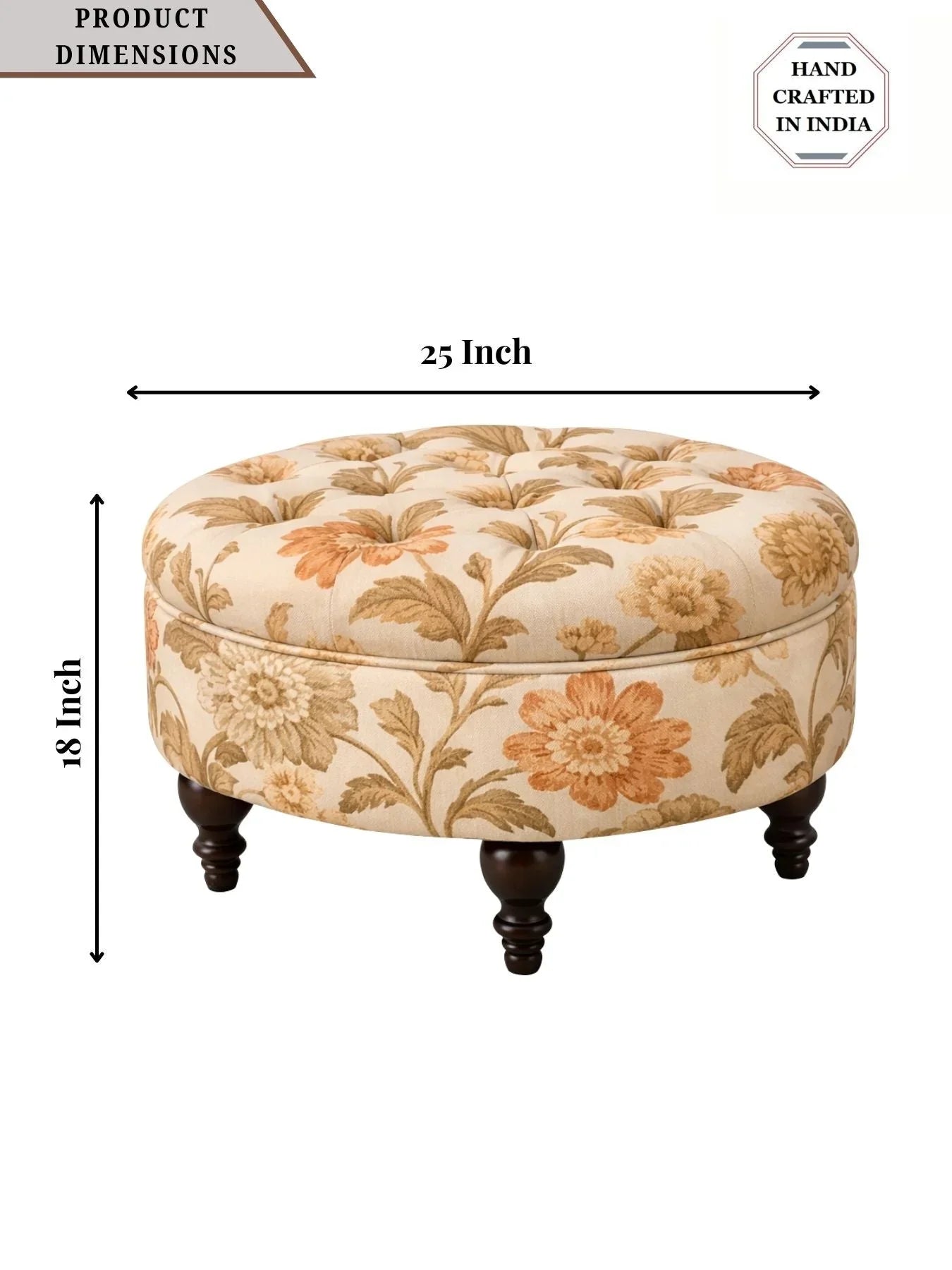 Miyabi Floral Velvet Round Ottoman with Sagwan Wood