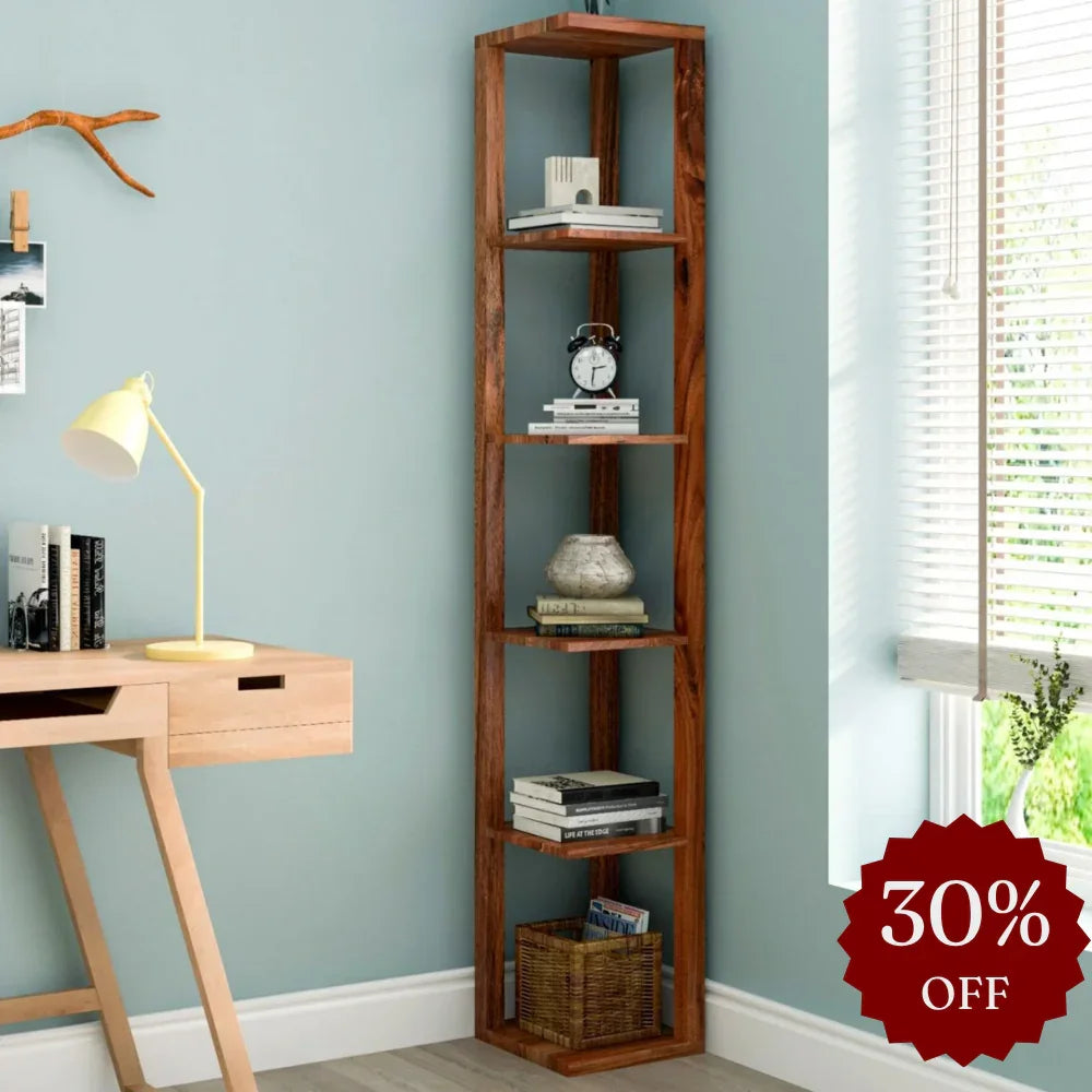 Honey Brown Wooden Corner Bookshelf | Acacia Wood Shelf for Living Room & Bedroom